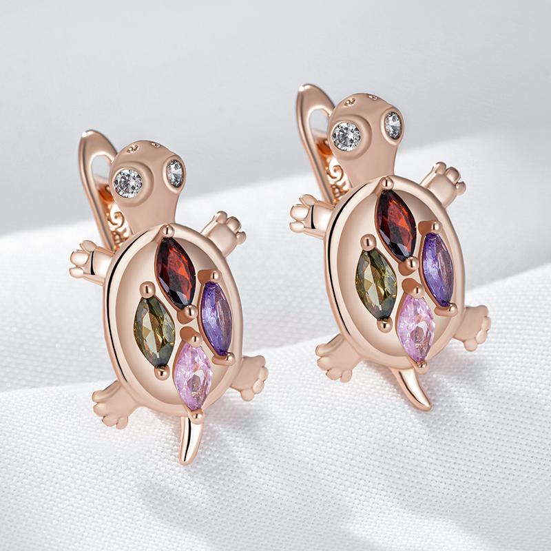 Colorful Natural Zircon Sea Turtle Earrings For Women Fashion Rose Gold Color Daily Accessorie Animal Jewelry