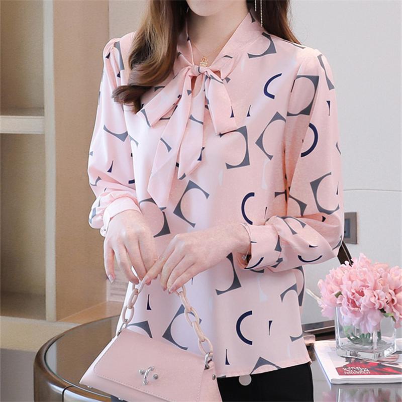 M-4XL Women Spring Summer Style Chiffon Blouses Shirts Lady Casual Long Sleeves Bow Tie Collar Printed Blouses Tops