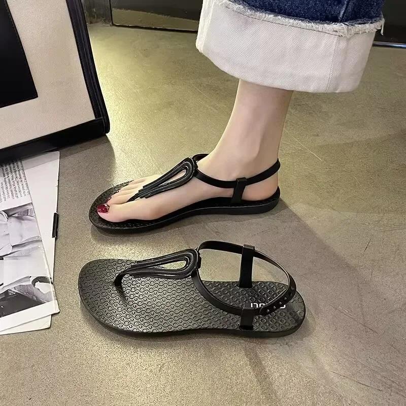 2024 Summer New Women Casual Strap Sandals Roman Fashion Flat Sandals Non-slip Beach Sandals Women Ladies Shoes Solid Flip Flops
