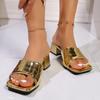 Women's Gold Chunky Heel Slippers Square Toe Summer Sandals Women Comfortable Thick Heeled Slip On Sandalias Mujer 2025