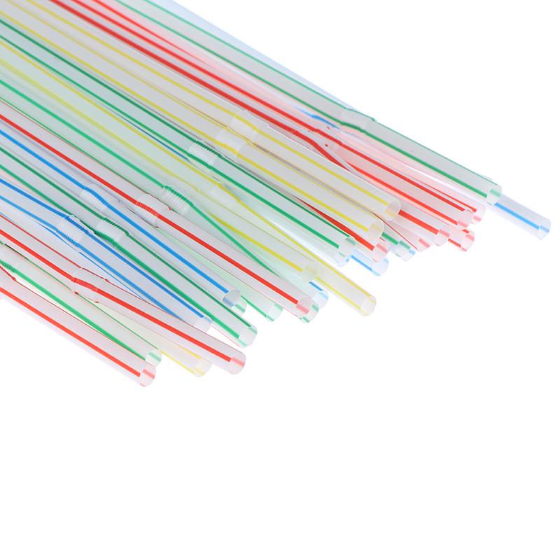 100Pcs Disposable Straws Flexible Plastic Straws Striped Rainbow Drinking Straw