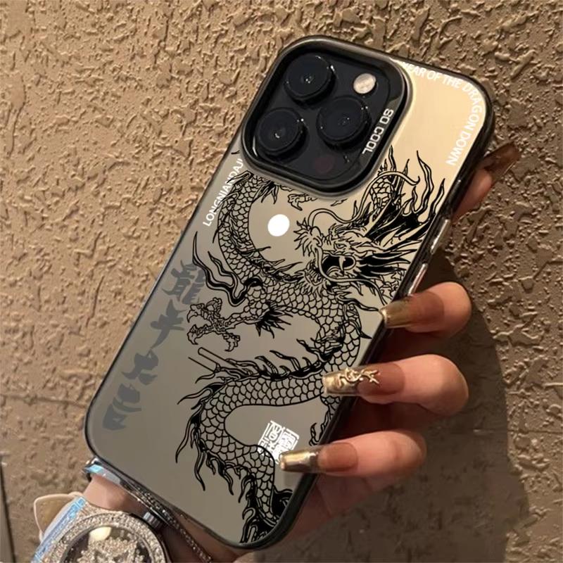 Custodia anti-caduta di lusso con motivo a drago per iPhone 16, 15 Pro Max, 15, 14, 13, 12, 11 Pro XR XS, 7, 8 Plus, placcatura protettiva per obiettivo