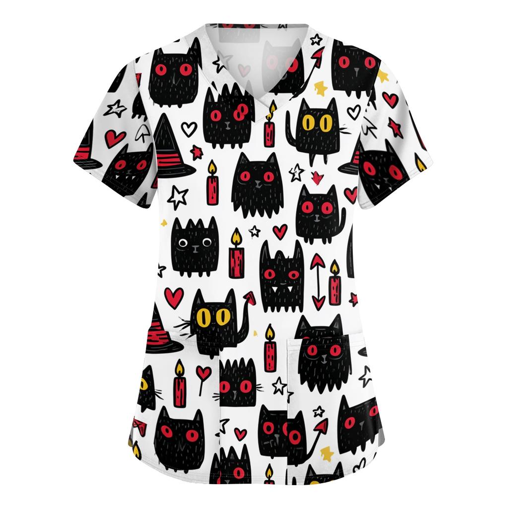 Women's V-Neck Short Sleeve Scrub Top with Pockets Halloween Print Uniform for Work