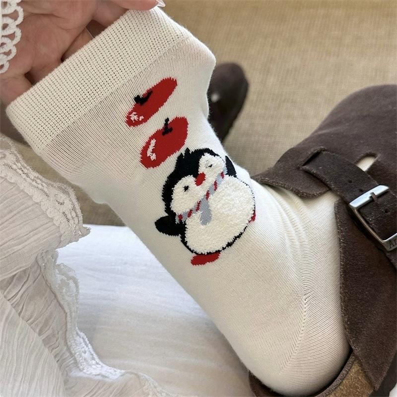 Female Spring and Autumn New Trend Cartoon Flocking Animal Cute Penguin Tube Pile Socks