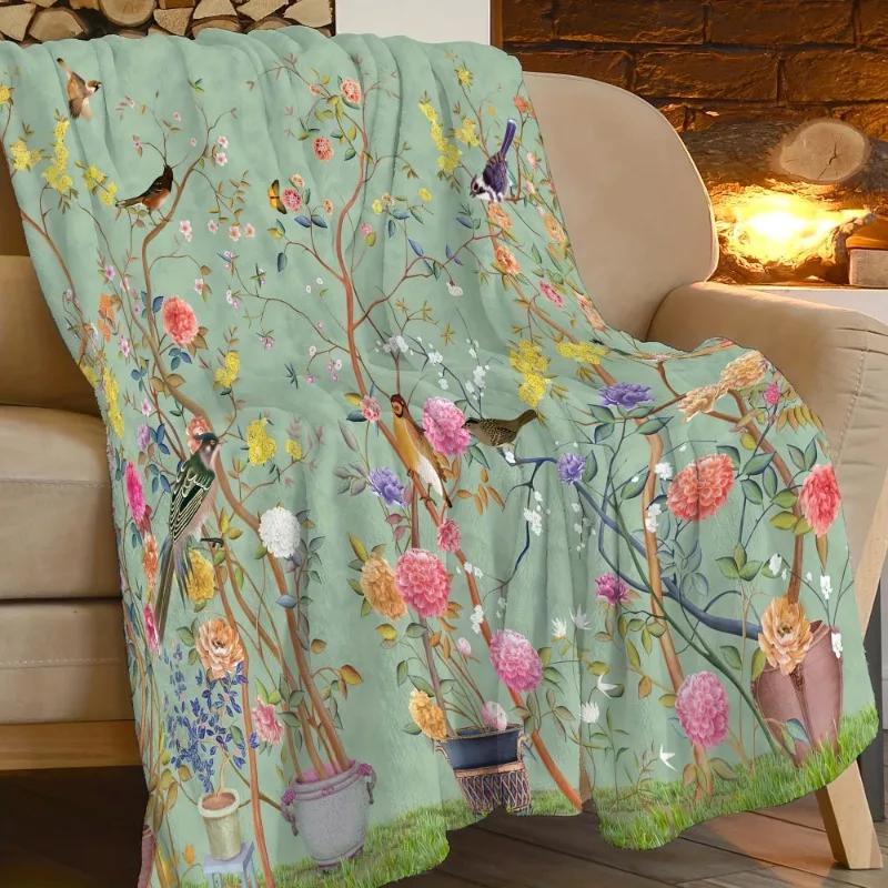 1pc Creative Flower and Bird Flannel Blanket Comfortable Warm Soft Sofa Throw Blanket for All Seasons Office Bed Travel Blanket