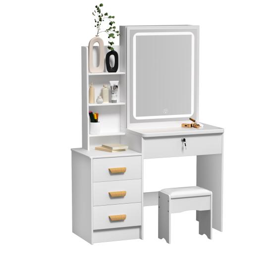 Makeup Vanity Desk with LED Lighted Mirror, Vanity Table with 4 Drawers and Opening Shelves, Bedroom Dressing Table with Stool
