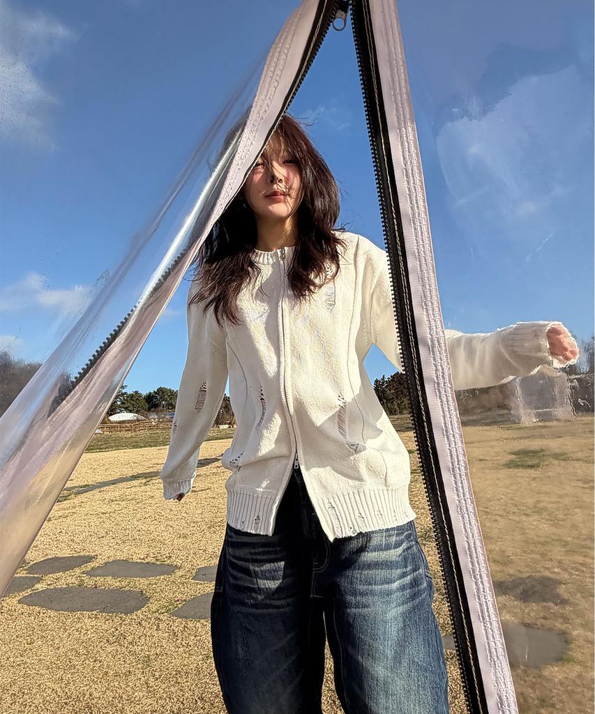 PARADIGMFILM [Ep.01] Damaged Japan Round Knit Zip-Up (Ivory)