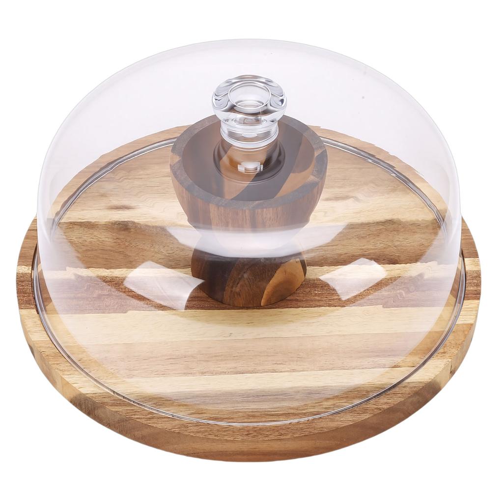 Wood Cake Stand Multi Function Round Cake Plate with Transparent Lid for Fruits Desserts Cheese