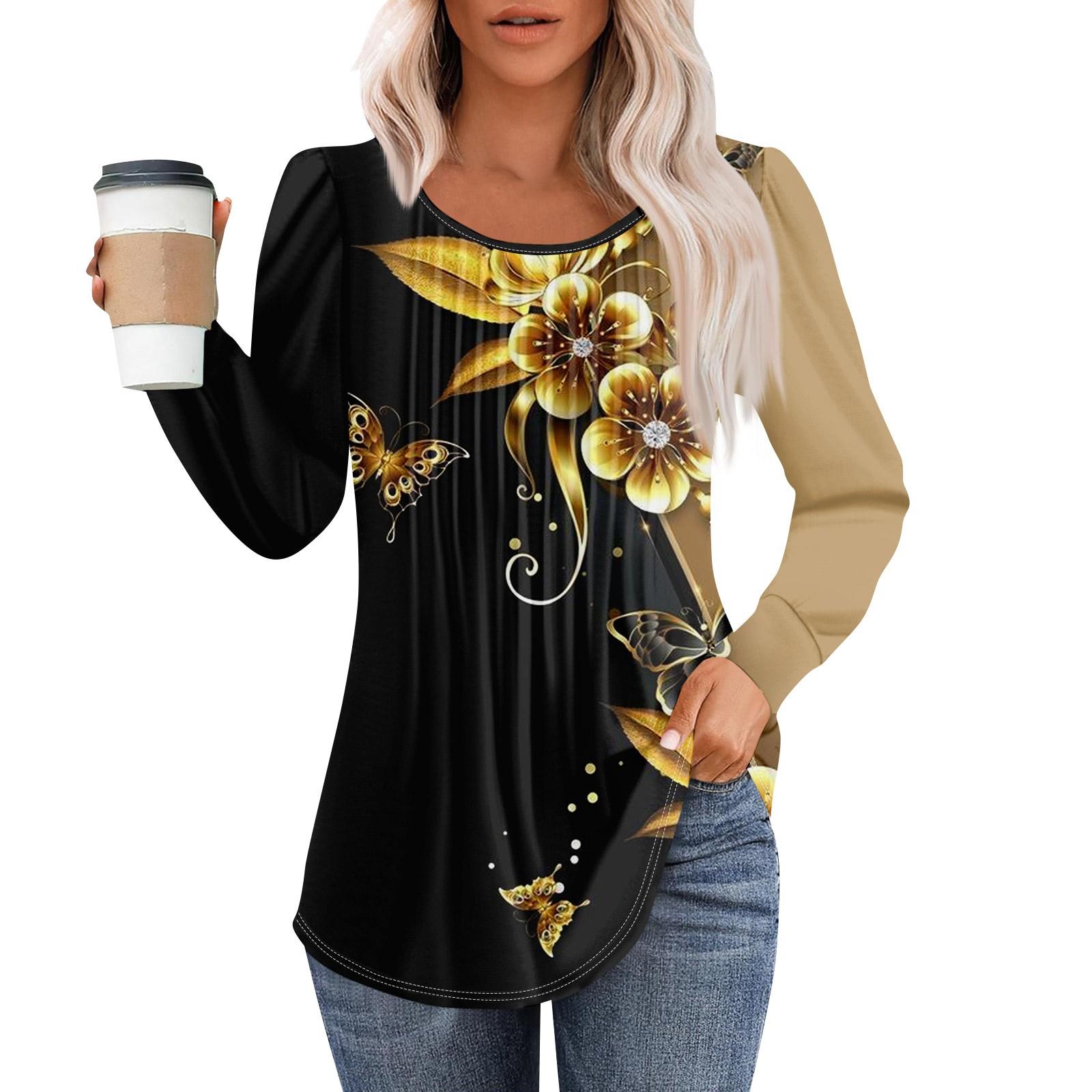 

Рубашки с длинным рукавом для женщин, футболки с милым принтом и графикой, блузки, нарядные повседневные блузки, плиссированные топы-туники с овальным вырезом S чёрный