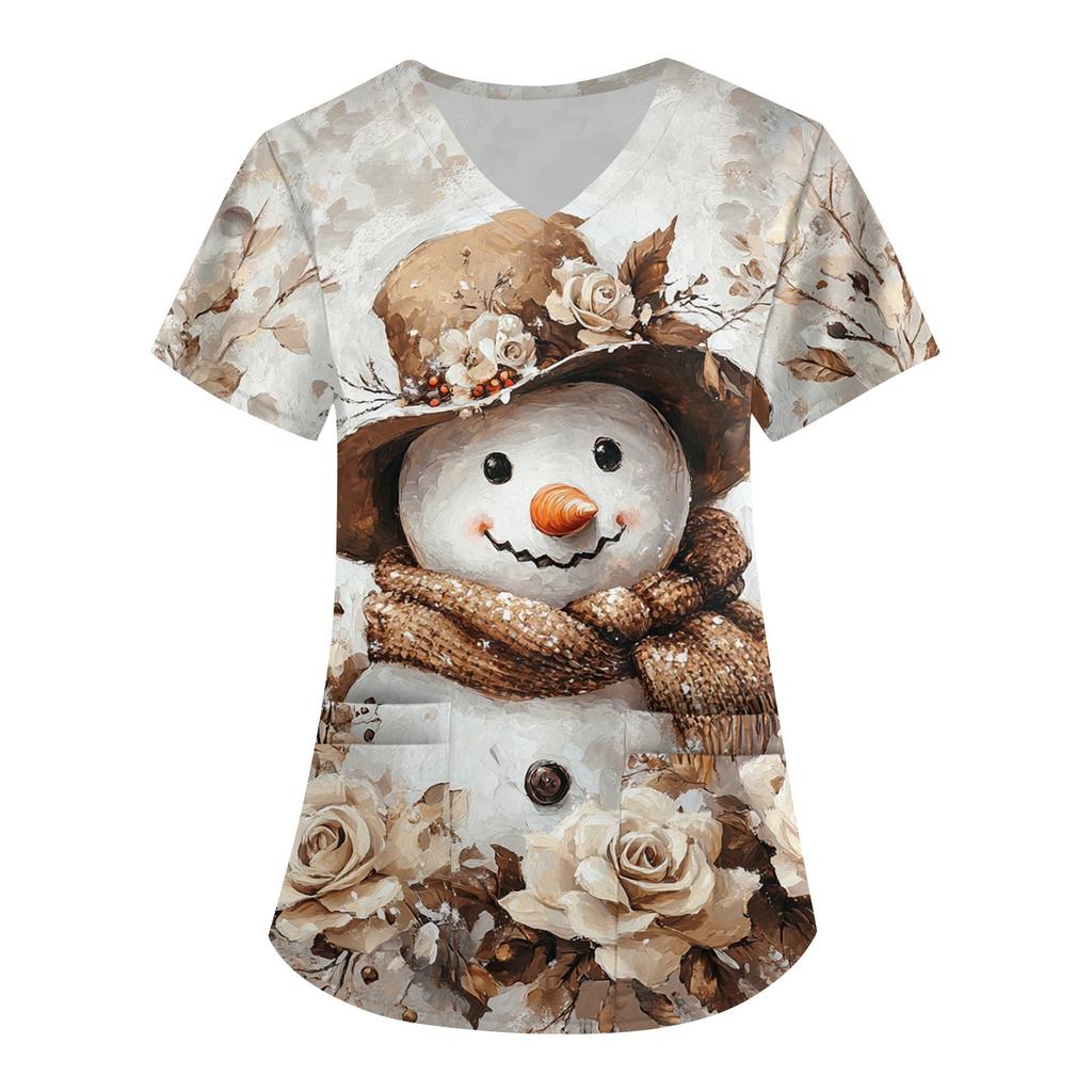 Kadın Sevimli Baskılı İş Kıyafetleri V Yaka Çift Katmanlı Cepler Temel Kısa Kollu Üst Kazak Noel