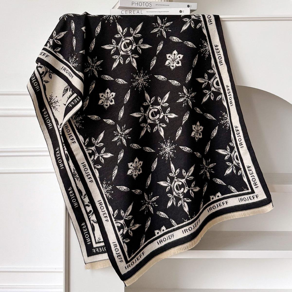 

Осенне-зимний шарф из имитации кашемира, утолщенный, удлиненный, с цветочным узором, в ретро этническом стиле, шаль, для лета, для улицы чёрный