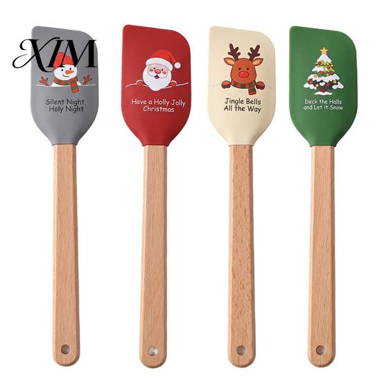 Butter Spreading Scraper Silicone Spatula with Wooden Handle, Christmas Tree/Snowman/Santa Claus/Elk Pattern Baking Accessories for Home Decor,
