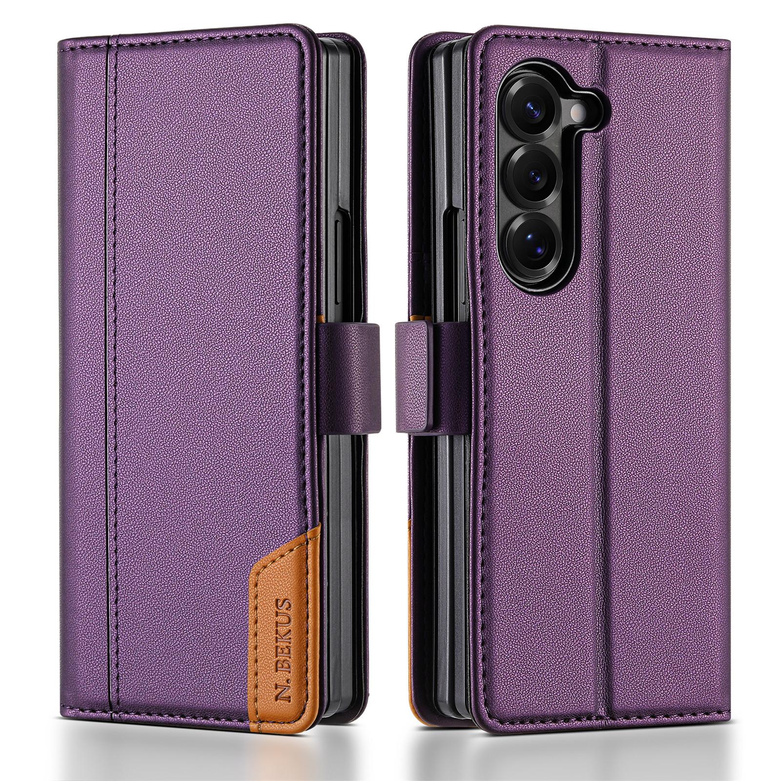 

N.BEKUS For Samsung Galaxy Z Fold6 5G Stand Case RFID Blocking PU Leather Wallet Phone Cover Purple
