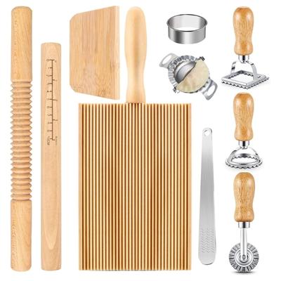 Wood Threaded Rolling Pin Pastas Tool Set Dough Scraper Gnocchi Board Dumpling Maker Ravioli Stamp Cutter Wood Texture
