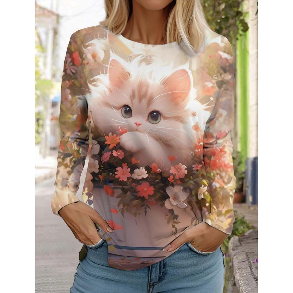 Women's Cute Cat Long Sleeve T-Shirt, Round Neck Long Sleeve Autumn Top, Festival Gift Clothing, Fashion Party T-Shirt