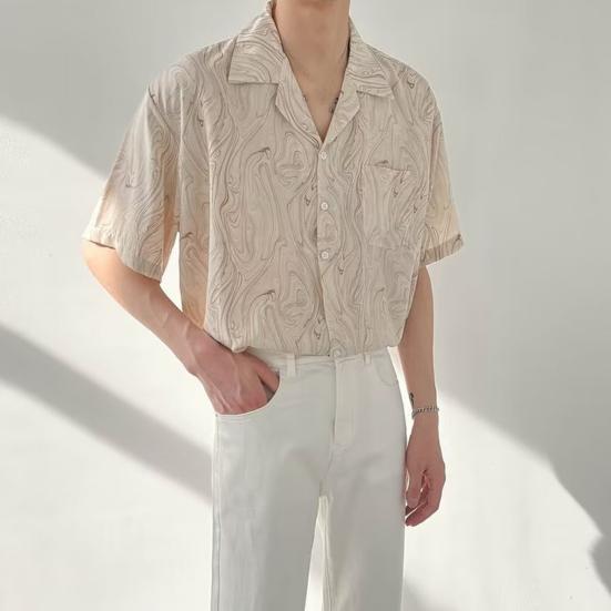 Men's Printed Short Sleeve Shirt Button Down Lapel Shirt with Pocket Summer Casual Beach Top for Vacation Travel