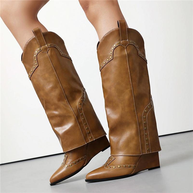 FOREADA Women Knee High Cowboy Boots Pointed Toe Height Increasing High Heels Rivets Western Long Boots Ladies Fashion Shoes Winter 43