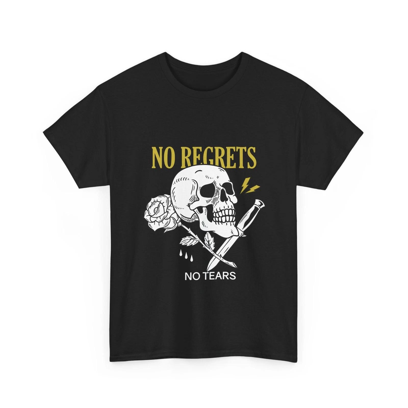 No Regrets Skull with Rose T-Shirt | No Tears Graphic Tee Cool T-Shirt Gift Idea S
