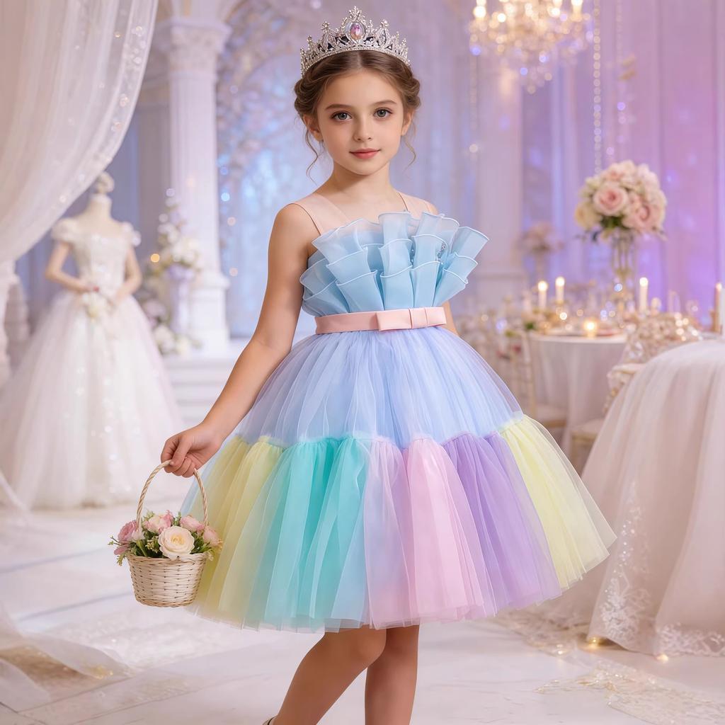 Girls Colorful Patchwork Princess Dress Sleeveless Color Block Bow Tie Dress Runway Piano Performance Party Dress