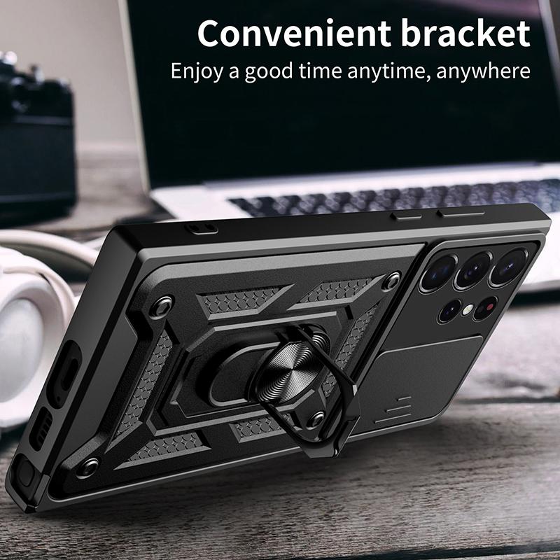 Sergeant Level Camera Sliding Window Phone Case For Samsung S25 S24 S23 S22 Ultra Plus Ring Bracket Shockproof Protective Cover