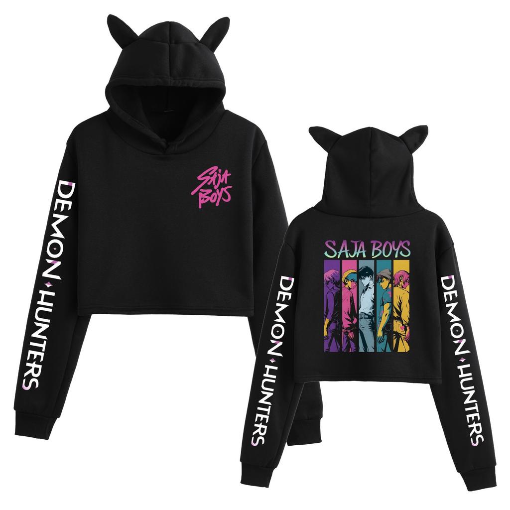 Short Hoodies Women KPop Demon Hunters Printed Lady Sweatshirt Tracksuit Long Sleeve Female Cropped Top Fashion Korean Clothes Harajuku