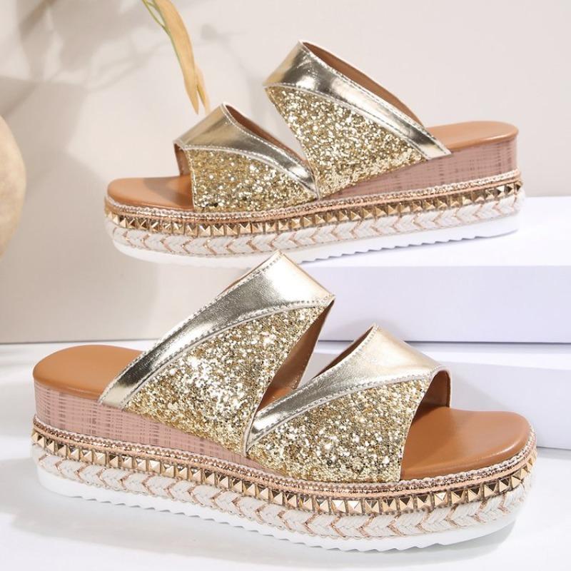 Pantofi Stil Nou Papuci cu Un Umăr Mărimi Mari cu Toc Pană Sandale de Damă cu Talpă Groasă