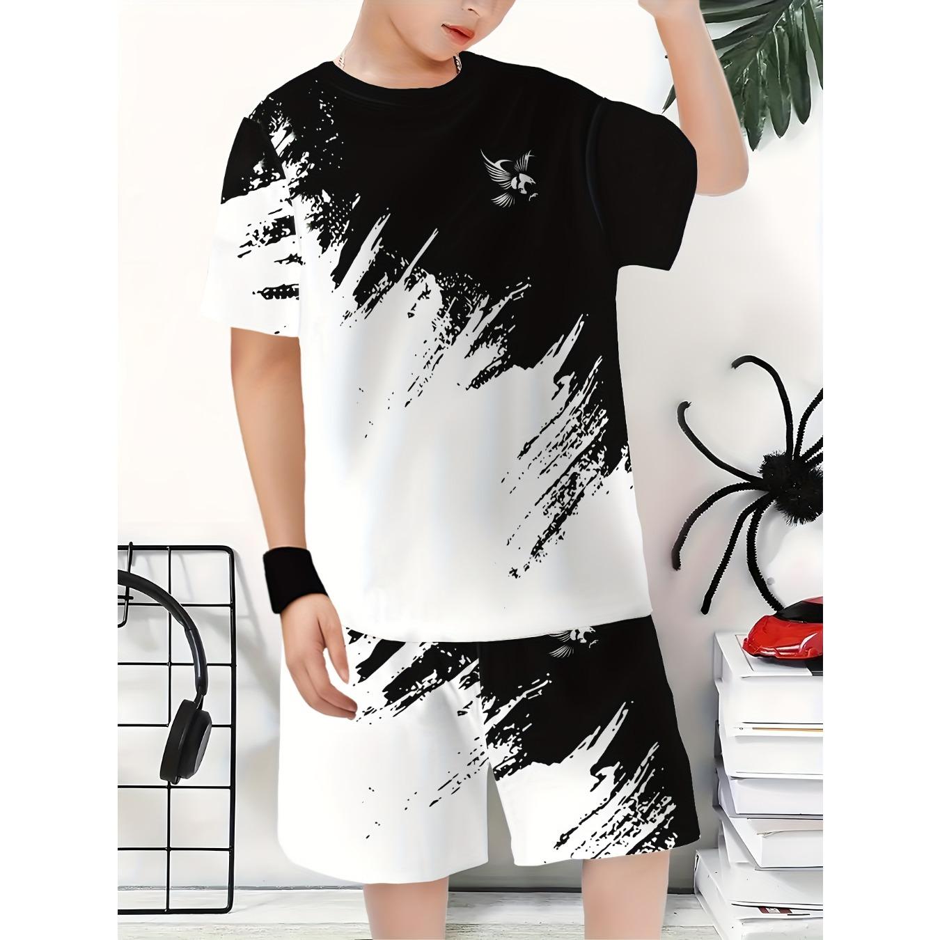 

Літній Новий Градієнтний Принтний Топ З Коротким Рукавом Шорти Комплект з Двох Предметів для Хлопчиків, Ідеально для На вулиці 13-14Y