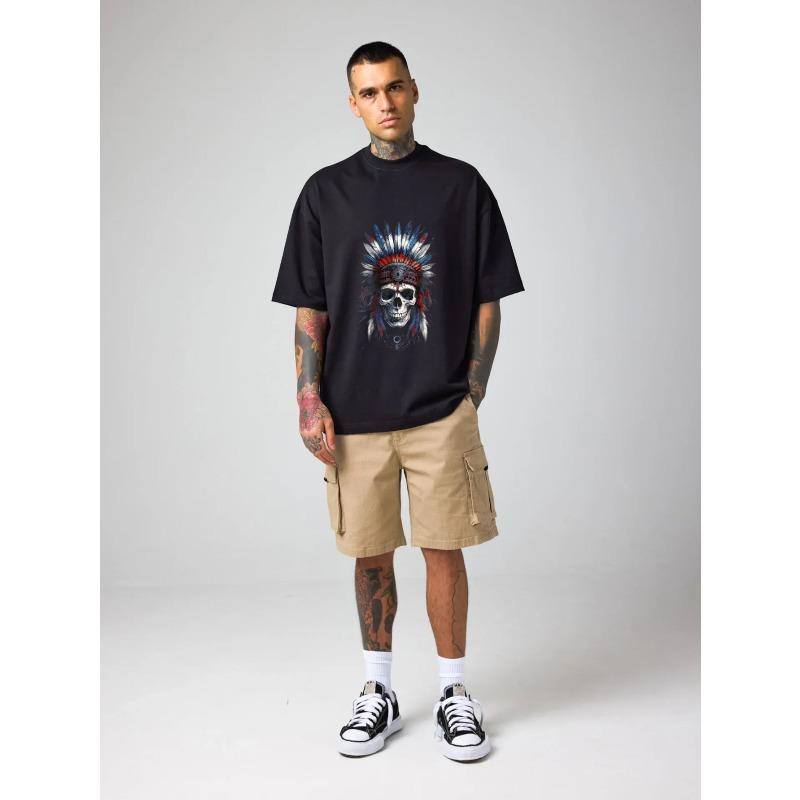 Men's Oversized T-Shirt Black Skull with Native American Headdress Graphic Print Casual Streetwear Fashion Top