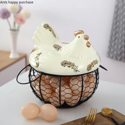 Rustic Style Wrought Iron Ceramics Egg Basket Hen Storage Basket Fruit Snacks Sundries Home Finishing Box Kitchen Decoration