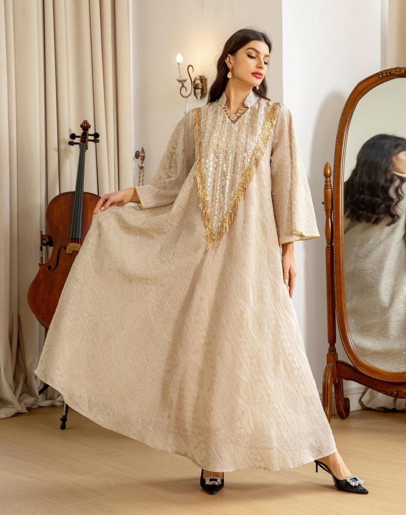 AB320 Tulle Embroidered Sequined Muslim Evening Dress - Arabic Dubai Style Robe for Middle Eastern Women