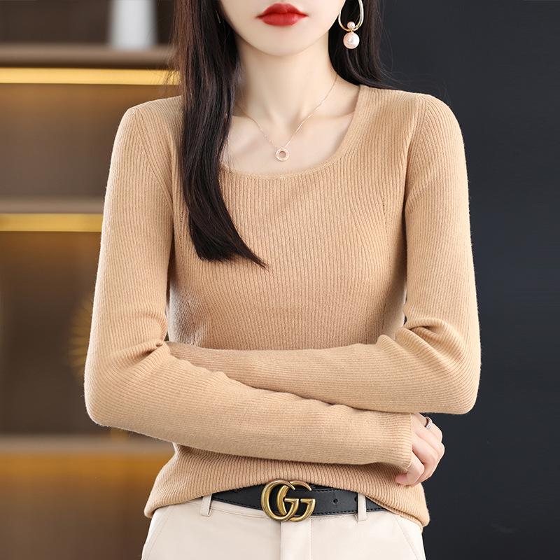 2025 Slim Fit Women's Square Neck 100% Wool Sweater - Thin U-neck Base Layer Top