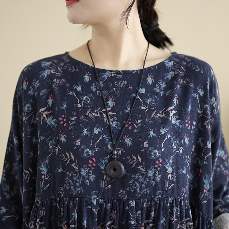 DIMANAF 2025 Damen Übergröße Frühling Langes Kleid Locker Basic Druck Vintage Lässig Floral Oversize Langarm Maxi