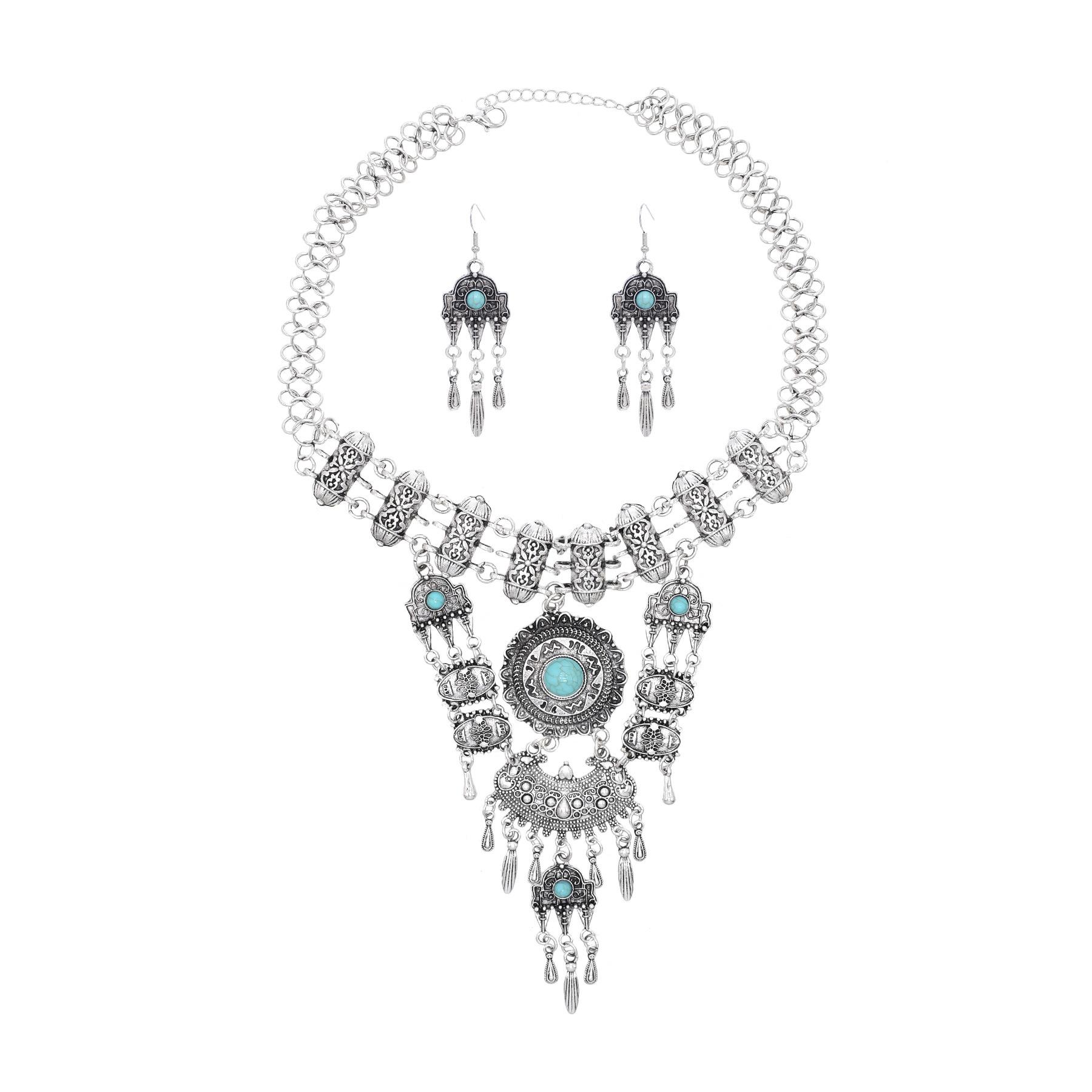 

Necklace Set Vintage Alloy Fringed Earrings Neck Chain Two-piece Set Bohemian Turquoise Sweater Chain серебряный