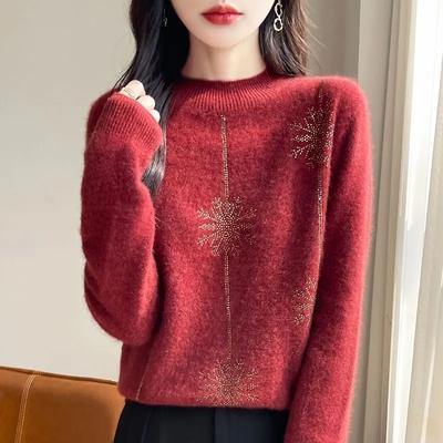 Women Sweater Christmas Style Mock Neck Long Sleeve Autumn Winter Thick Warm Pullovers Knitted Loose Bottoming Shirts Red Jumper