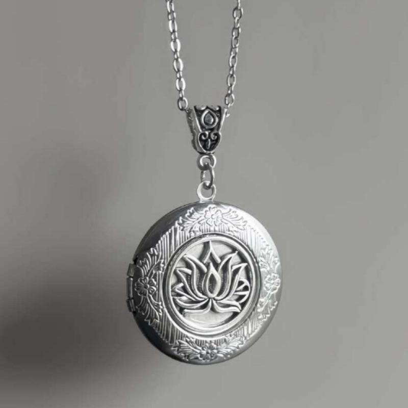 Retro Silver Lotus Flower Jewelry Box Necklace with Stainless Steel Chain