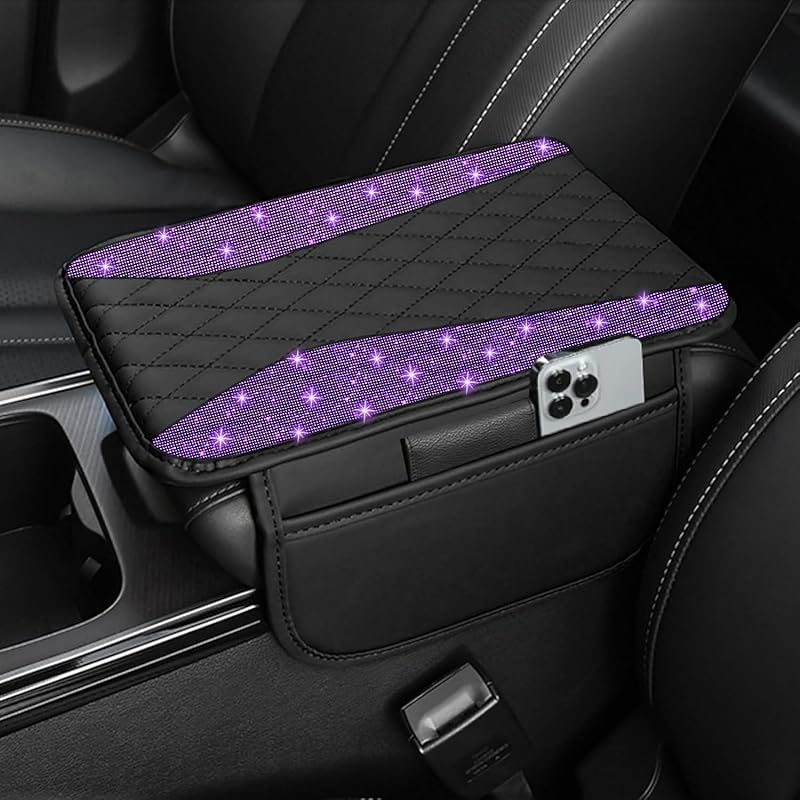 NBTEPEM Bling Car Center Console Cover, Leather Middle Console Cover With 2 Storage Bags, Universal Arm Rest Cover Protector, Bling Car Accessories
