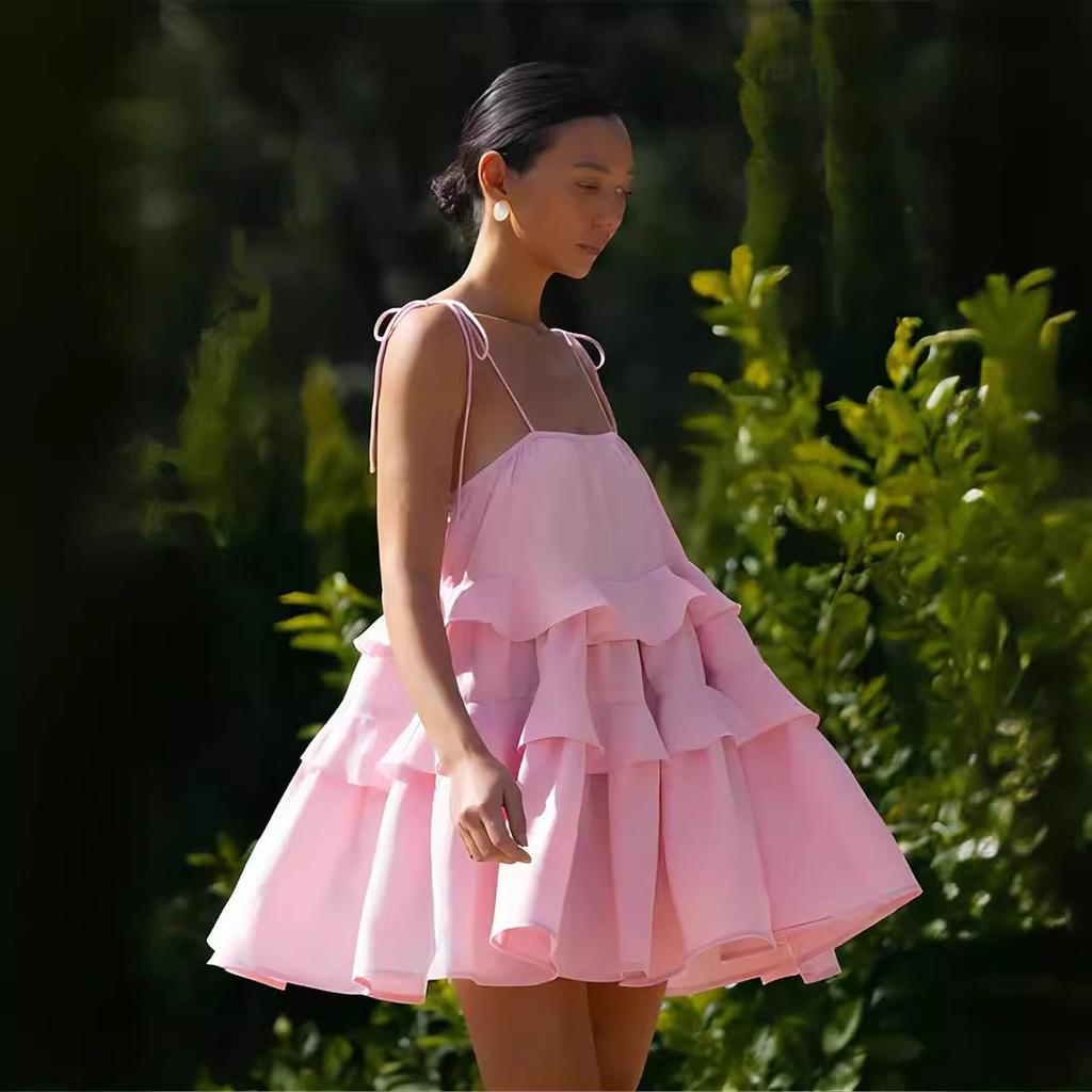 Rochie cu bretele stil european și american de vară cu volane multistrat rochie tort rochie scurtă cu bretele fără spate