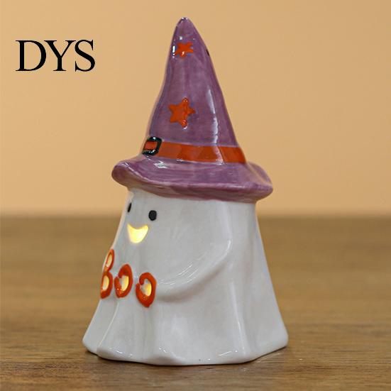 Ceramic Ghost Pumpkin Light Halloween Tealight Holder, Lighted Figurine with Indoor Party Atmosphere Lamp Witch Hat, Tiered Tray Tabletop Decor