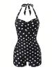 Charming Polka Dot Halter Pleated Slim Waist Bikini Swimsuit With Boyshorts For Beach Vacation