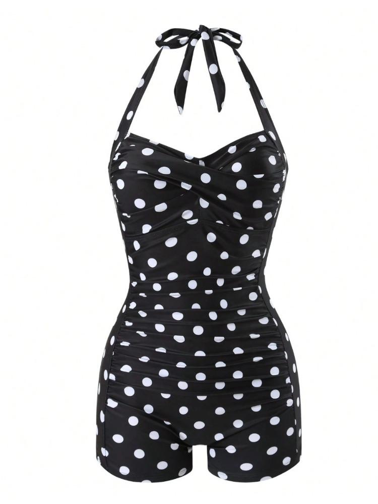 Charming Polka Dot Halter Pleated Slim Waist Bikini Swimsuit With Boyshorts For Beach Vacation