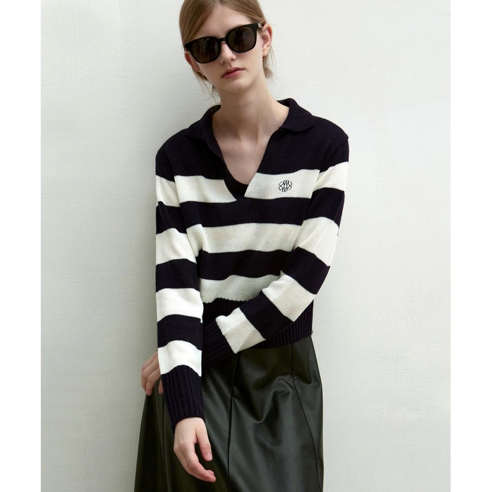 

NICKNICOLE EMB Open Collar Stripe KnitNavy