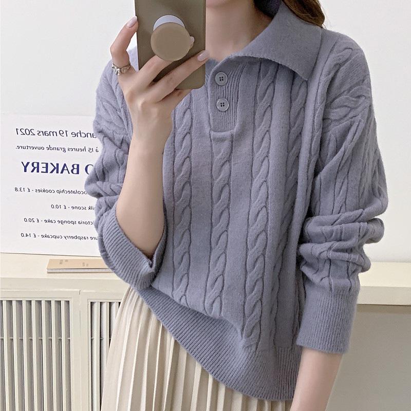 Women's Sweater POLO Collar Autumn and Winter Vintage Loose Pullover Sweater Knitted Top for Women