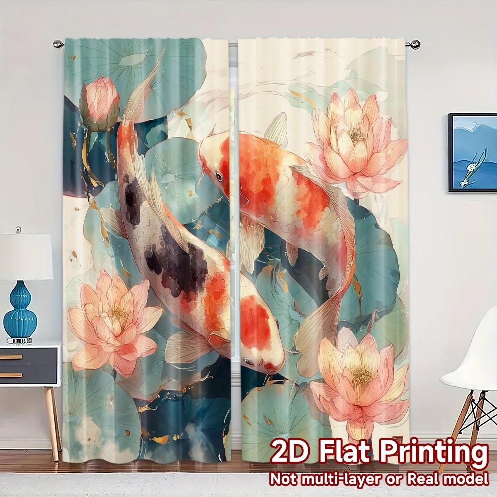 2pcs, 2D FLAT PRINTING Curtains (Without Rod) Koi Serenade Fashionable Popular Curtains Durable Polyester Curtains Decorations