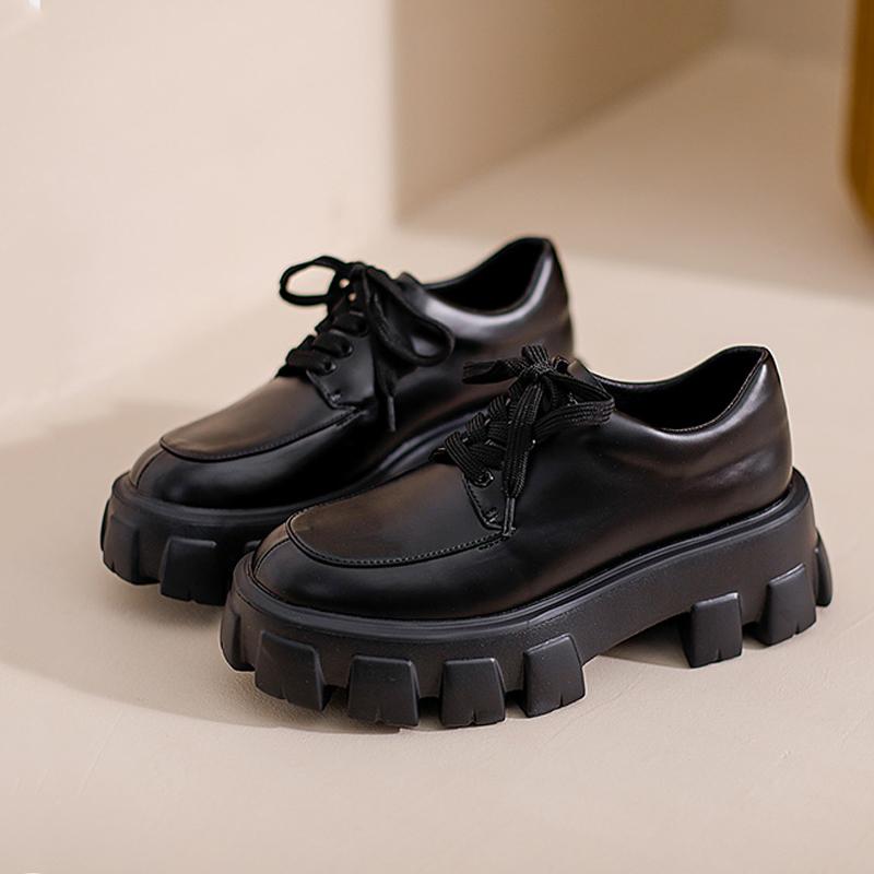 Round Toe Thick Soled Leather Shoes Women British Style Increased Jk Uniform Casual Punk Single Shoes Luxury  Flat Shoes