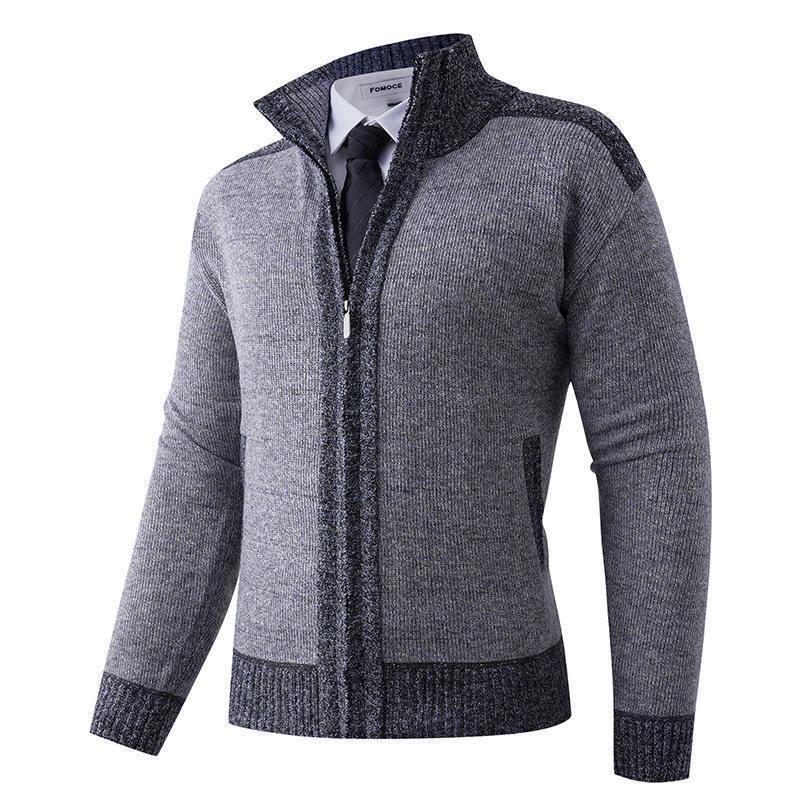 2025 Men's Solid Color Knit Zipper Cardigan - Thick Plus Velvet Coat for Autumn & Winter
