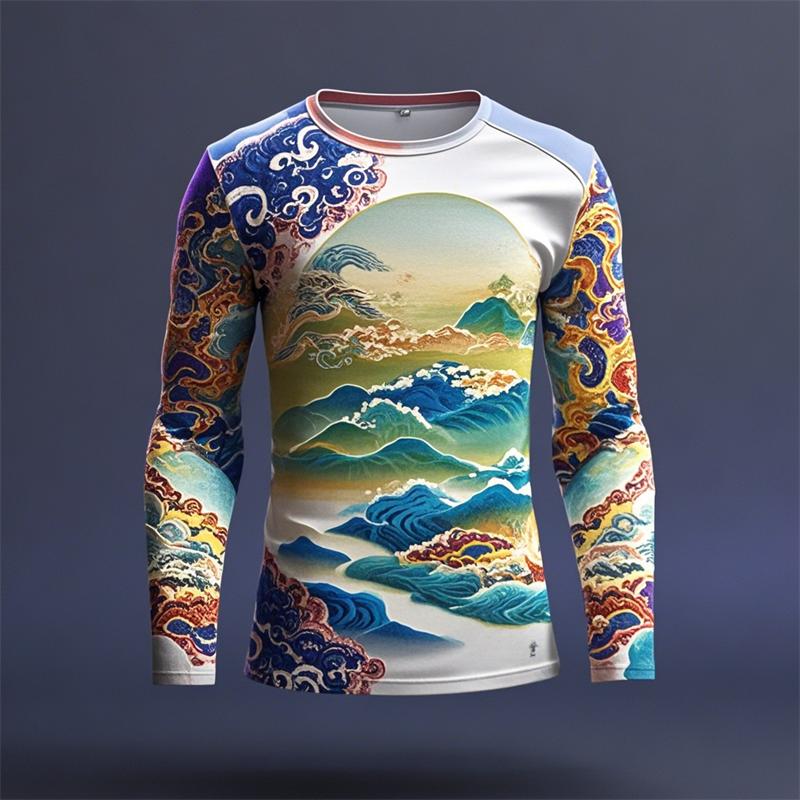 Novelty Men's Ukiyoe Long-sleeved T-shirt 3D Printing Retro Harajuku Pattern Printing Men Autumn Casual Round Neck Kids Clothes