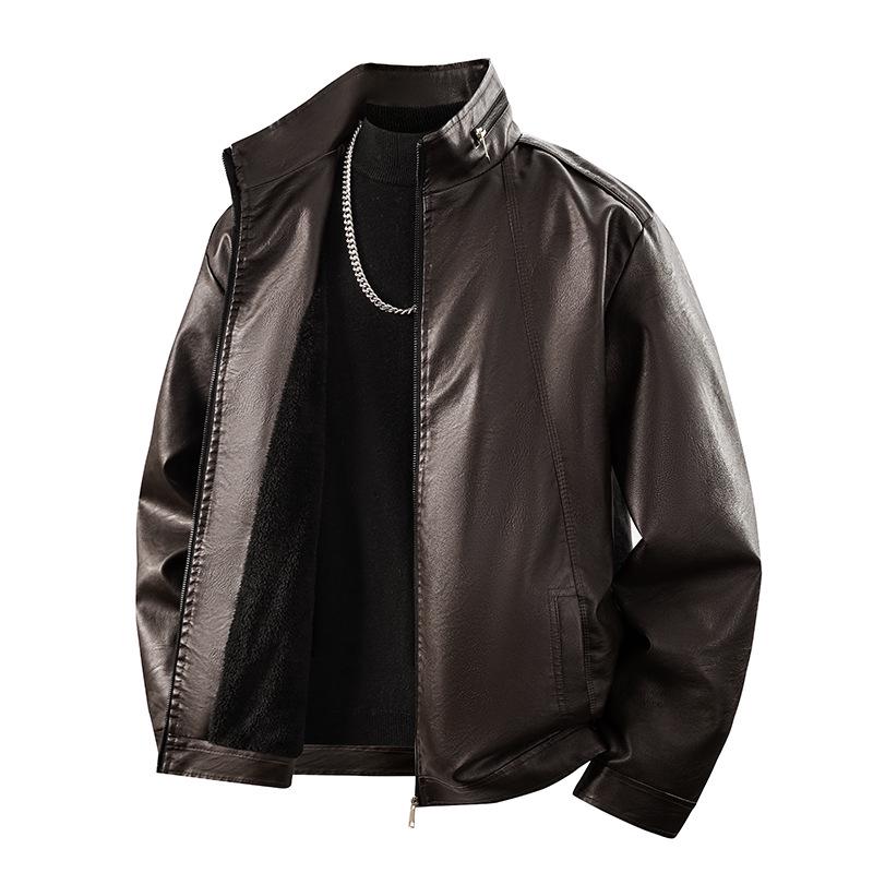 Men's Fleece-Lined Leather Winter Jacket, Thickened, Trendy Stand Collar - Ideal for Business, Casual, or Motorcycle Wear