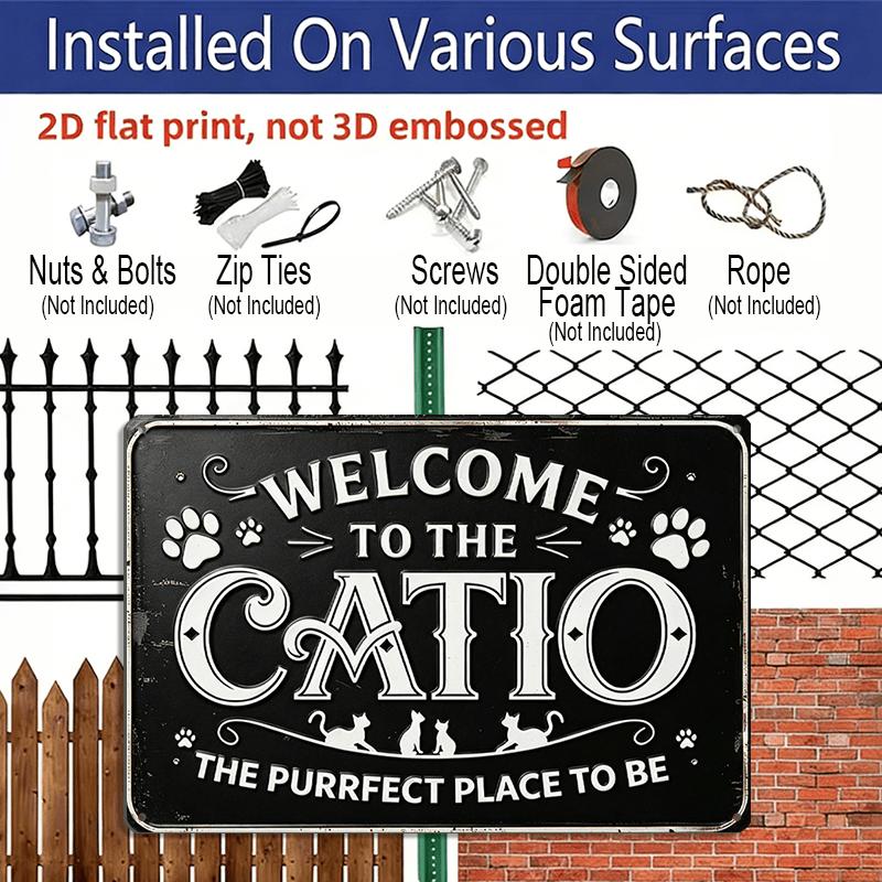 2D Flat Decorative Signs & Plaques Vintage Style Aluminum Sign Wall Art - "Welcome To The CATIO" Cat-Themed Decor with Paw Prints & Inspirational
