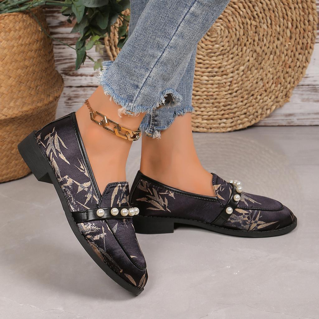 Mode Herbst Neue Damenpumps Runde Zehenpartie Niedriger Absatz Schuhe für Damen Slipper Rutschfest Loafers Outdoor Büro Dame Perle Plateau Schuhe