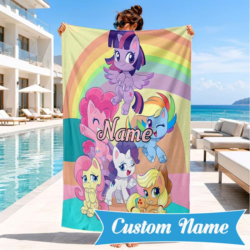 Custom Name Pony Friends Forever Beach Towel Microfiber Beach Towel, Lightweight and Quick-Dry, for Summer Travel, Swimming Pool Gift